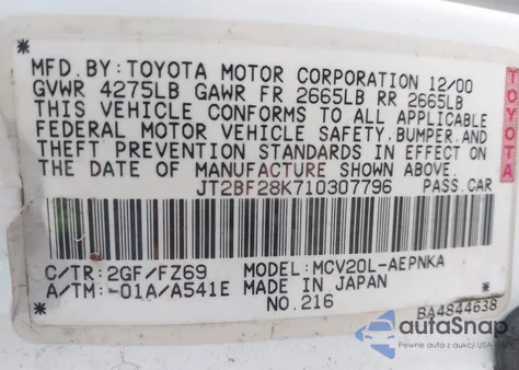 2001 Toyota Camry Le V6 из США, поврежденный, VIN JT2BF28K710307796